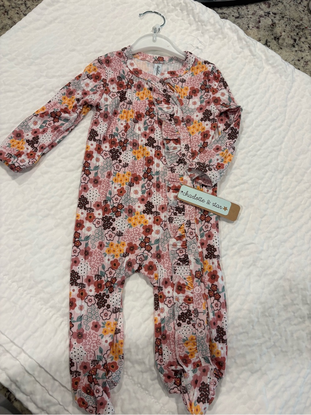 Charlotte & Star Floral Ruffle Footed One-Piece in Pink and Yellow
